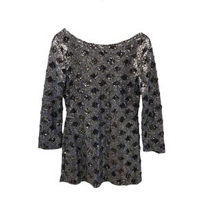 Zara Knit Sequin Tunic Top Women's Size S Navy Blue Sparkle Party 3/4 Sleeve